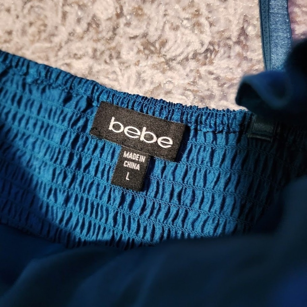 BEBE Y2K Ruched Smocked One Shoulder Satin crop Top shimmer Teal Blue Size L‎ - Picture 5 of 6